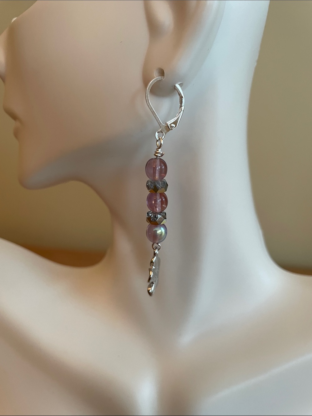 HAND CRAFTED PURPLE CZECH GLASS BEADED FLOWER DROP EARRINGS Silver Floral Dangle - Picture 5 of 9
